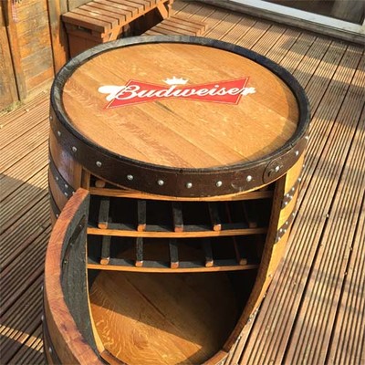 Solid Wooden Oak Whiskey Barrel Branded Pub Patio Table With Wine Rack Storage Solid Wooden Oak Whiskey Barrel Branded, Whiskey Barrel Table And Chairs 99