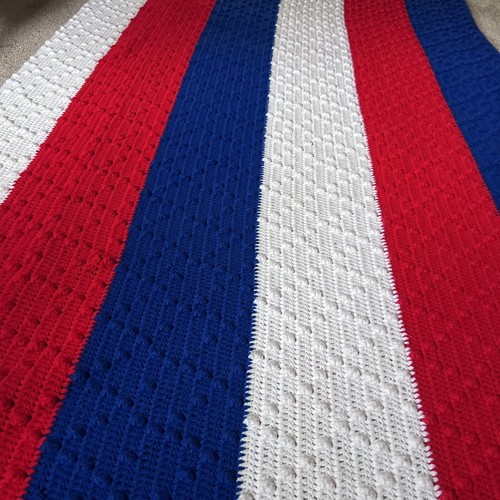 Handmade Crochet Blanket Red White Blue 112x52” - Picture 9 of 14