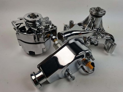 SBC SB Chevy Chrome Long Water Pump & 130W Alternator & Power Steering Pump Kit - Foto 11 di 11