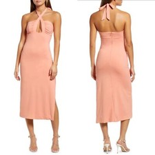 NEW BARDOT Peach GUILIA Halter OPEN BACK Side Slit COCKTAIL Cutout MIDI DRESS