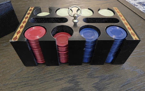 Vintage MCM Poker Chip Set & Wood Caddy - Wood Chips Mid Century Modern