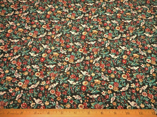 Floral Fabric 1 1/3 Yard Wine Tan Teal Floral Ivory Birds on Black Cotton #C