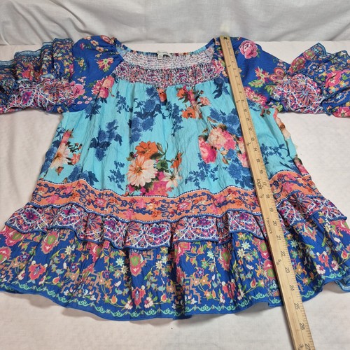 John Mark Women's Tunic Size PM Boho Mixed Pattern Blouse Blue Floral (29) - Picture 10 of 13
