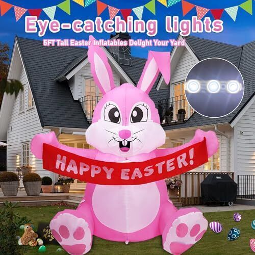 5FT Easter Inflatable Bunny Holding a Banner Yard Decorations with LED Lights - Picture 7 of 15