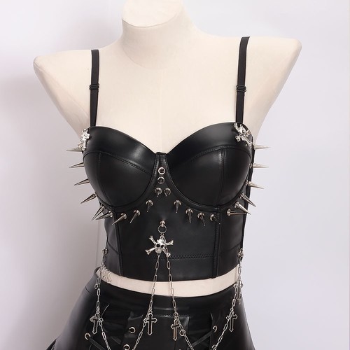 Y2K Halter Camisole TOPS Skull Spike Studded Rivet Goth Emo Punk Rock - Picture 10 of 13