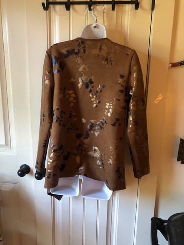 NWT $98. SOFT SURROUNDINGS Open Front Drape Faux Suede Jacket S Metallic leaves - Picture 2 of 8