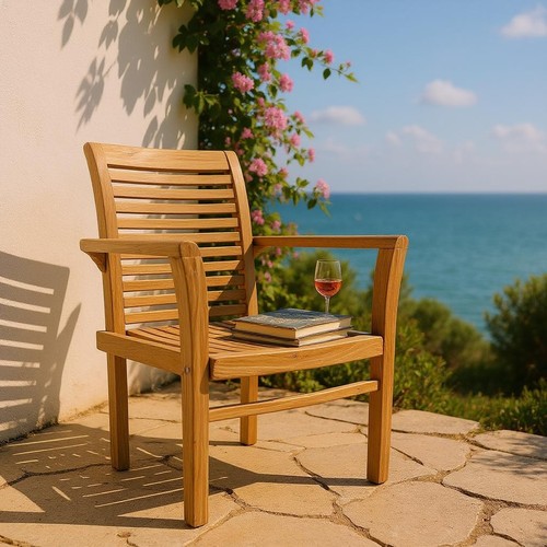 Solid Teak Garden Armchair – High Back Stacking Chair for Durable Outdoor Dining - Picture 3 of 10