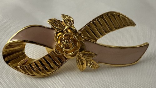 Breast Cancer Awareness Pink Ribbon Rose Gold Tone Pin Brooch 1980s Avon - Picture 3 of 10