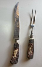 Vintage Solingen German 2 Piece Carving Set, Antler Stag