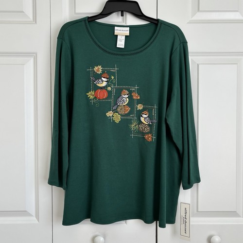 ALFRED DUNNER PLUS SIZE 2X TOP CLASSICS 2024 BIRDS WITH HATS GREEN EMBROIDERED - Picture 2 of 10