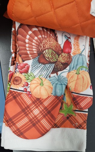 5pc Set: 2 Pot Holders,2 Towels & 1 Oven Mitt, THANKSGIVING TURKEY & PUMPKINS,AM - Picture 9 of 18