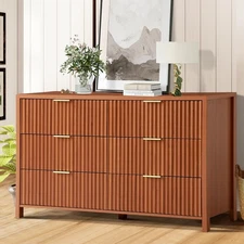 Fluted 6 Drawers Dresser for Bedroom, 54" Wide Chest of Drawers with Thick Plank