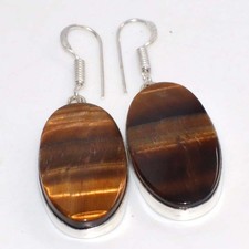 925 Silver Plated Classy Tiger Eye Earrings 1.8" Bohemian Style Gift Trendy MJ
