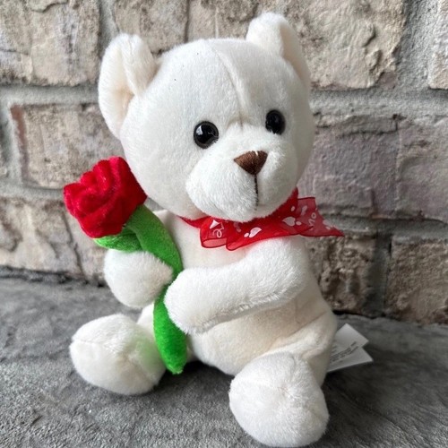 White Teddy Bear Plush Holding Red Rose with Red Bow Valentine's Day 2012