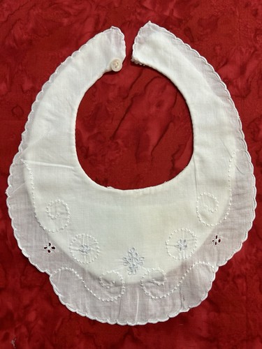 Antique Baby Bib Embroidered Cotton White Blue Floral