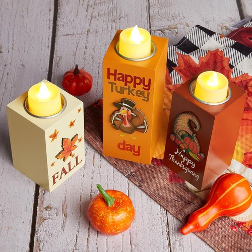 3 Stück Erntedank Deko für Zuhause - Holz Kerzenhalter mit LED Teelichtern - Bild 2 von 8