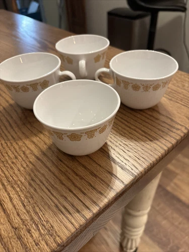 Corelle by Corning Butterfly Gold Pattern Hook Handle Tea Cup Mug Set of Four