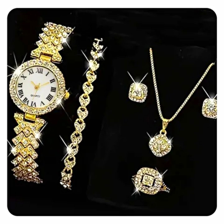 Gold Tone Clear Rhinestone Jewelry Set Necklace Earrings Ring Bracelet Watch