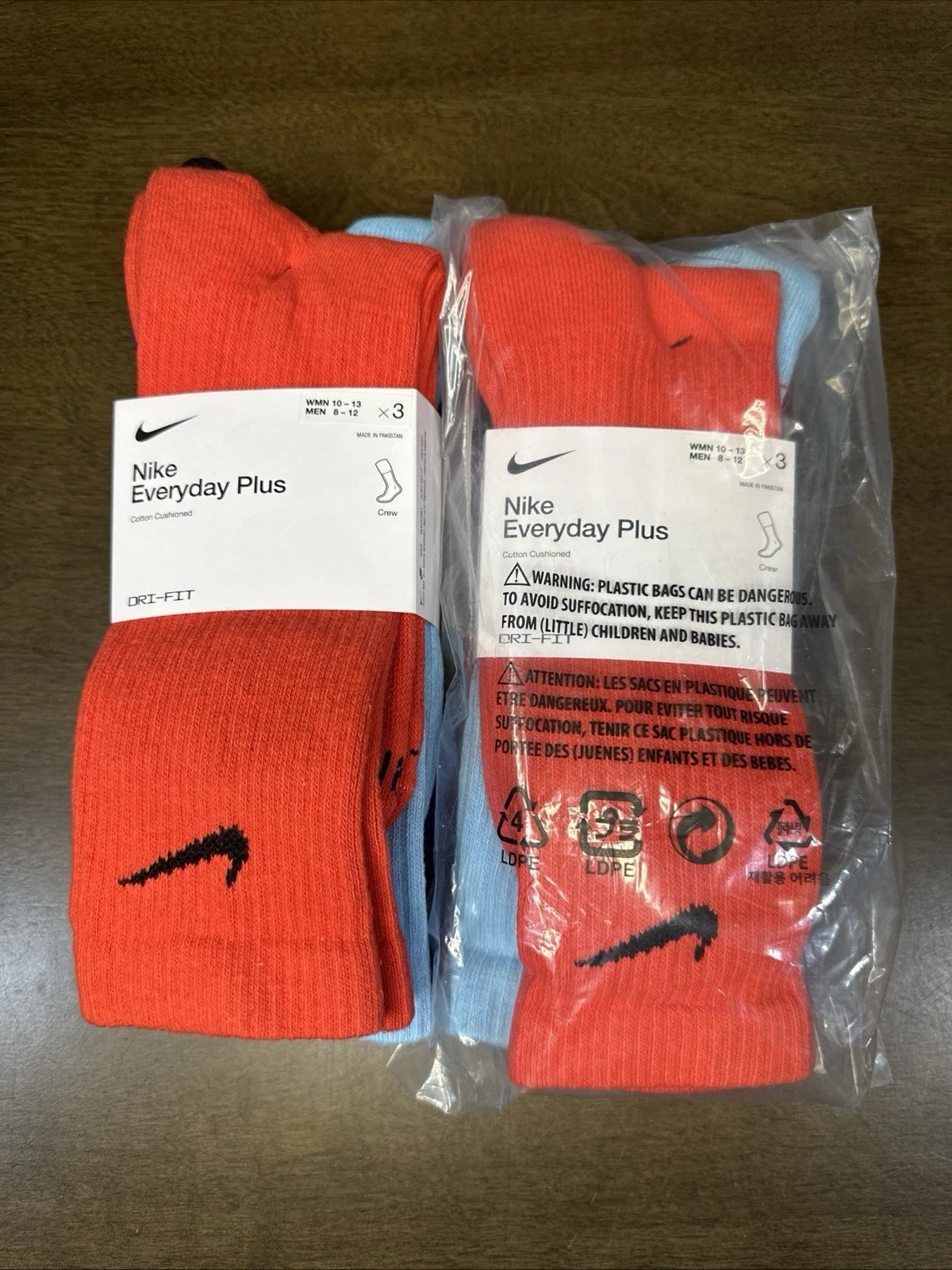 2 PACK Nike Everyday Plus Cushioned Crew Socks Red Blue Light Blue Unisex Large