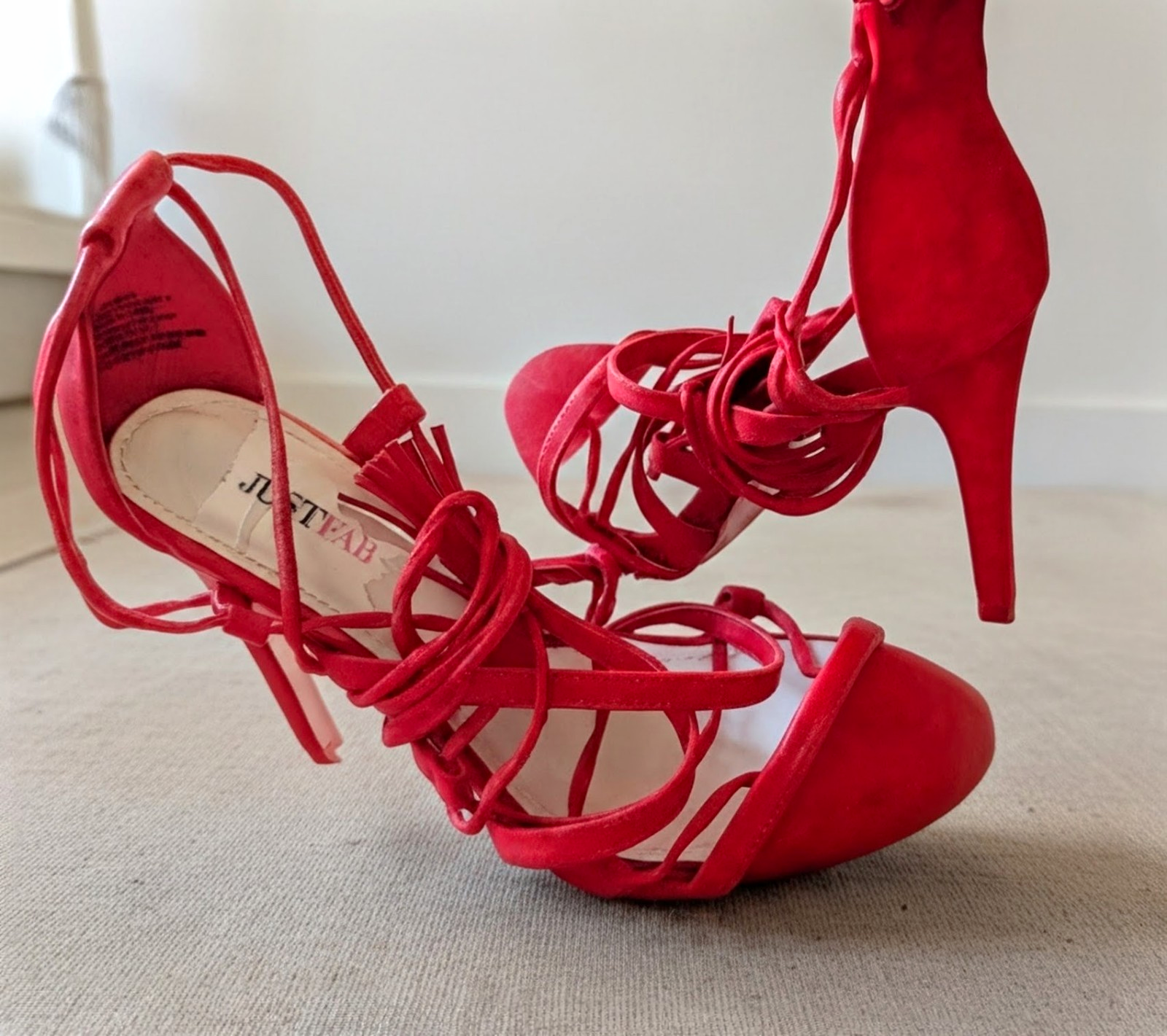JustFab Red Open Toe Strappy Lace Up Tassel Faux Suede Heels Size 8.5