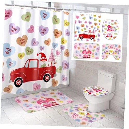 4 Pcs Valentines Shower Curtain Set with Non Slip Rugs Toilet Lid Cover Bath
