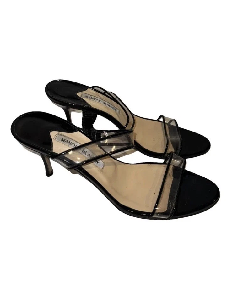 Manolo Blahnik Mujer Charol Deslizable Sandalia Tacones Negros Talla 39.5 9.5 Foto 3 de 4