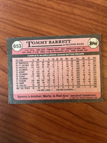 1989 TOPPS TIFFANY #653 TOMMY BARRETT ROOKIE RC PHILADELPHIA PHILLIES - Picture 2 of 2