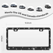 2 Pack Bling Rhinestone License Plate Frames Black Stainless Steel Car Covers