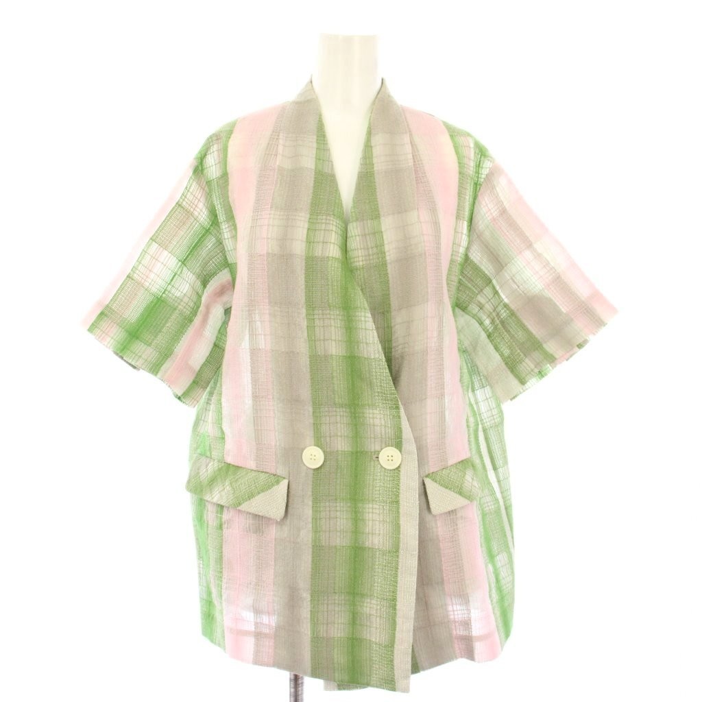 Ameri VINTAGE Check Embroidered No Collar Jacket … - image 1