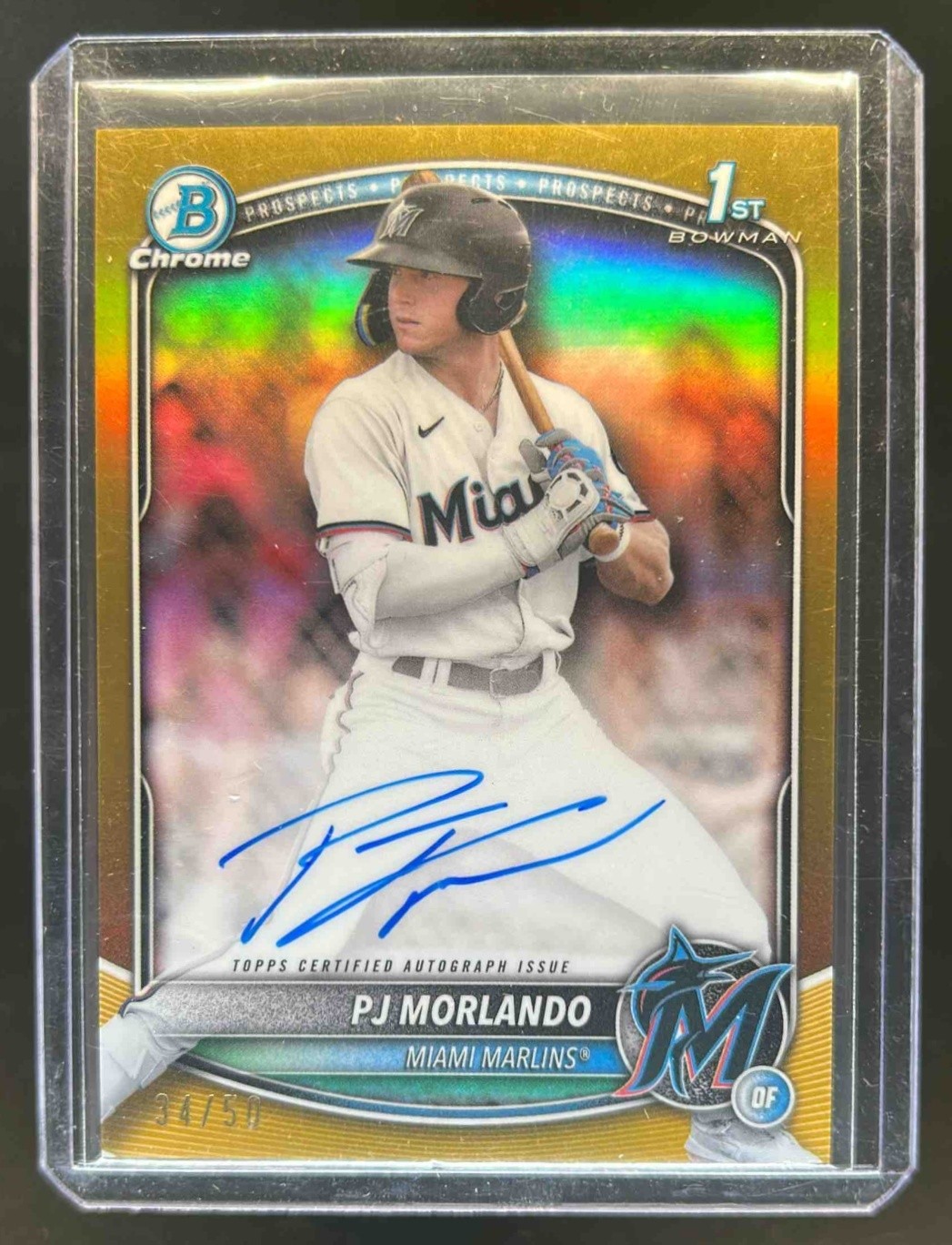 2025 Bowman PJ Morlando Chrome Auto Gold Refractor 1st Prospect #34/50 Marlins