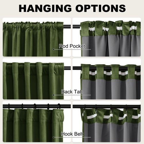 100% Blackout Green Curtains 96 inches Moss Green Velvet Curtain Panels Therm... - Foto 4 di 8