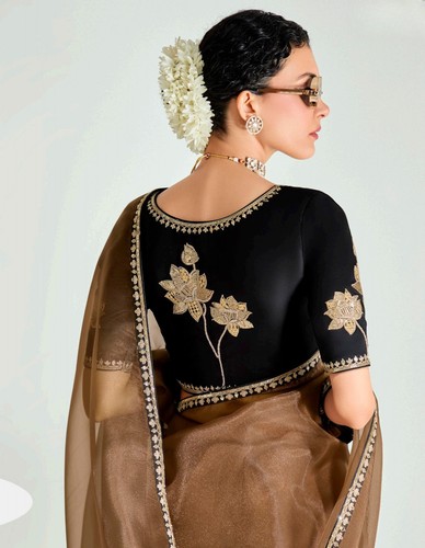 Trending Beige Hand Work Fancy Tissue Festive Wear Saree For Women, Prestitched - Picture 3 of 31
