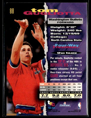 1993-94 Stadium Club #88 Tom Gugliotta Washington Bullets - Picture 2 of 2
