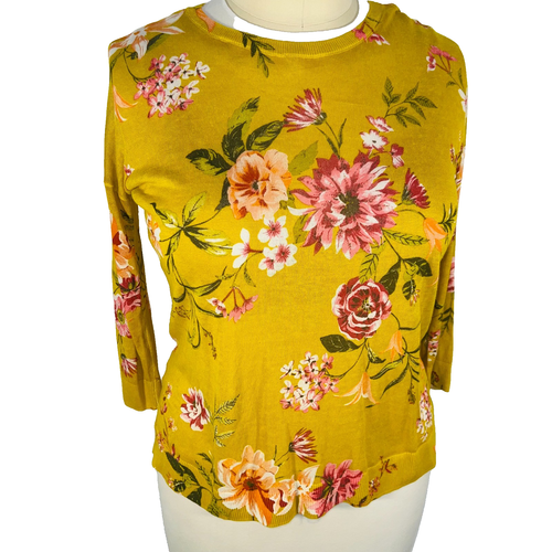 LOFT - NWT Thin Knit Sweater Women's L Yellow Floral 1/2 Sleeve Crew Neck - Picture 2 of 10