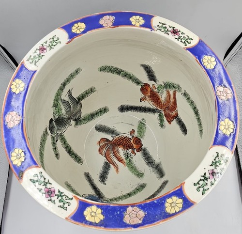 Vintage Famille Rose Medaillon chinesische Koi Fisch Schale Chinoiserie Pflanzgefäß Jardiniere - Bild 13 von 21