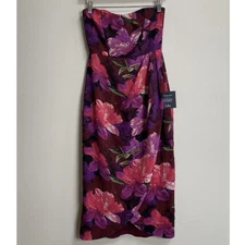 Lulu's Effortless Charm Burgundy Multi Floral Strapless Tulip Midi Dress Size XS