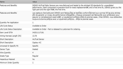 Oxygen Sensor Denso Upstream Air/Fuel Ratio for 2010-2011 HONDA CR-V - Picture 2 of 6