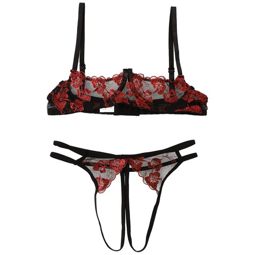 Women's Sexy Lingerie Set Floral Lace Open Cups Bra Crotchless Briefs AU - Picture 62 of 75