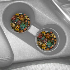 SUGAR SKULLS COLLAGE PATTERN CUSTOM MADE RUBBER CAR COASTER SET OF 2