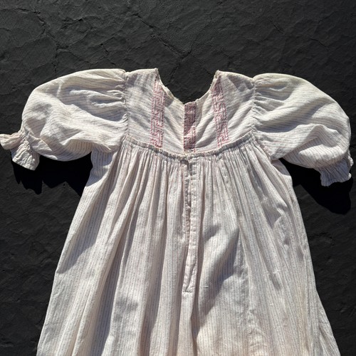 Antique Victorian Cotton Pink Striped Puff Sleeve Greek Key Print Dress Gown - Picture 9 of 13