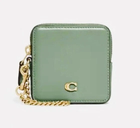 Coach Small Chain Leather Wristlet Brass/Soft Green 3 3/4 