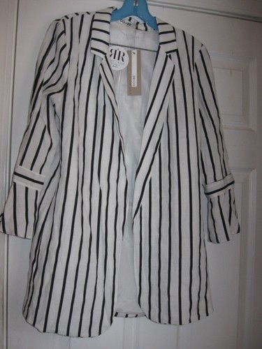 Do + Be Womens Blazer Size Small Black and White Stripe Tie Sleeve Linen Look