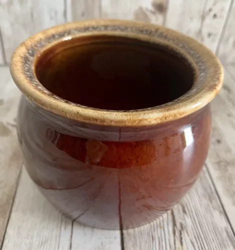 VTG Hull Pottery Brown Drip Mirror Glaze Small Crock Bean Pot-Oven Proof USA
