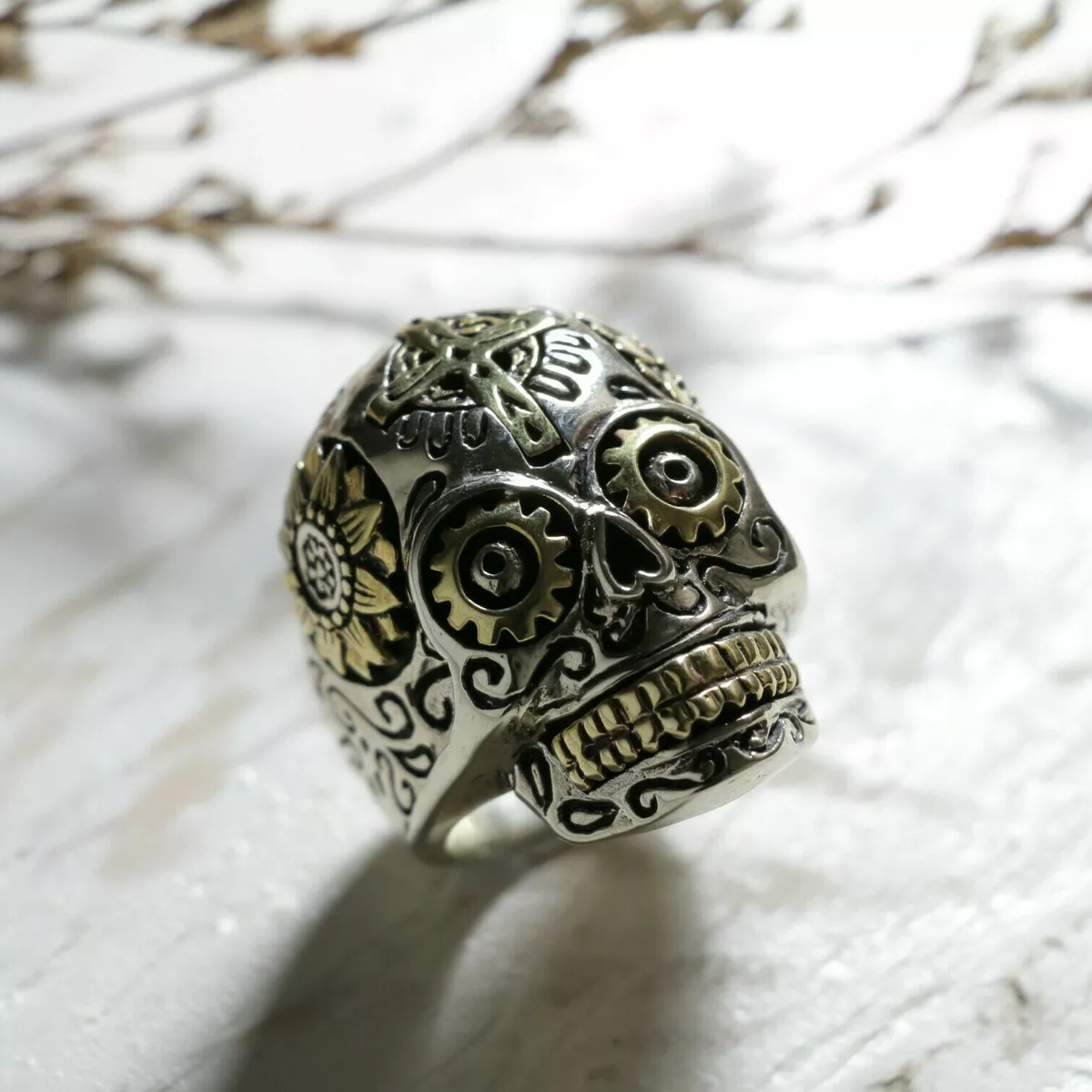 Skull sugar Mexican Biker Ring sterling silver 925 Gothic Cross Huge motorcycle