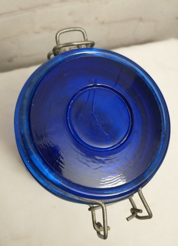 Vintage Cobalt Blue Glass Fruit Embossed Canister with Metal Hinged Lid 5.75" - Picture 7 of 7
