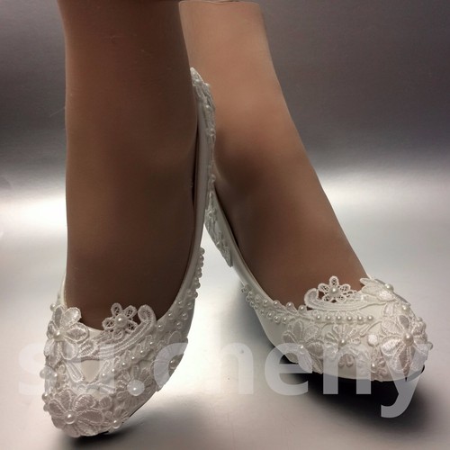 Su.cheny Encaje Blanco Perlas Marfil Planos Tacón Alto Zapatos de Novia Boda - Imagen 6 de 12