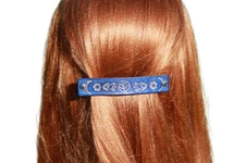 Blue Leather Hair Clip, leather French barrette, roses, handmade