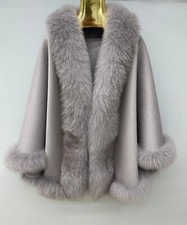 Women's Brand New Gray Cashmere Wool Wrap Cape Fox Fur Grey CLEARANCE SALE