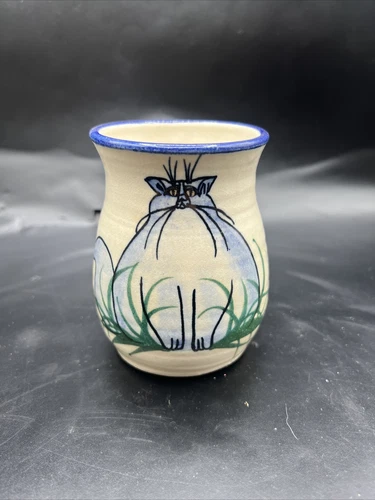 Studio Pottery Signed  Mug with Stylized Cat In Blue
