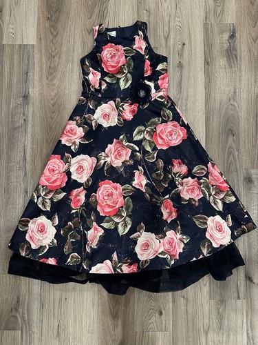 Juniors Size 16 Navy Blue Floral Metallic Formal Dress With Netting Slip - Bild 1 von 10